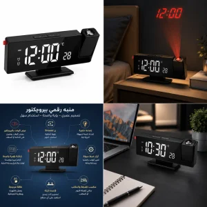 ساعات منبه رقمية للغرف مع شاشة LED كبيرة وجهاز عرض دوار وخمسة مستويات إضاءة وشاحن USB وبطارية احتياطية
